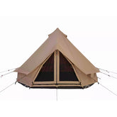 Beige bell tent with dark interior on a white background