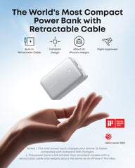 Power bank with retractable cable held in a hand, featuring text about its compact design and features.