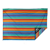 Multicolored striped blanket with a brand logo on a white background