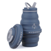 Collapsible blue water bottle with Hydaway branding on a white background