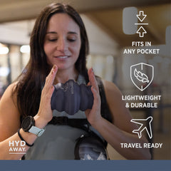 Woman holding a small, dark-colored product with text highlighting features like 'fits in any pocket', 'lightweight & durable', and 'travel ready'.