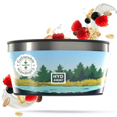 Collapsible container with nature-themed design and HYD AWAY branding, surrounded by berries and cereal.