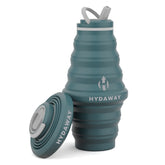 Collapsible teal water bottle with Hydaway branding on a white background