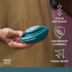 Hand holding a blue Hydaway product with features listed on the right.