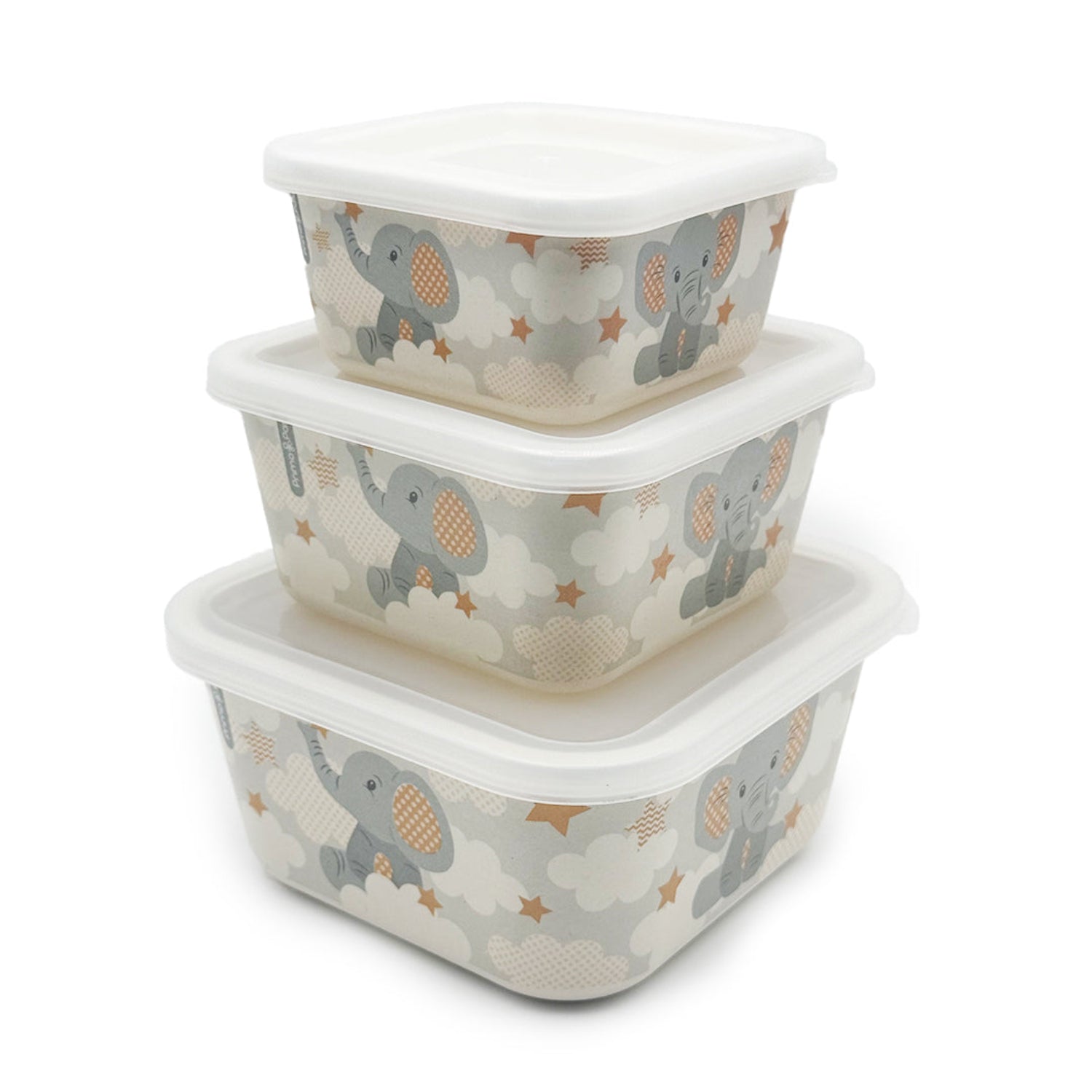 Set of three stacked food containers with elephant pattern on a white background