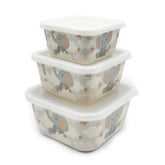 Set of three stacked food containers with elephant pattern on a white background