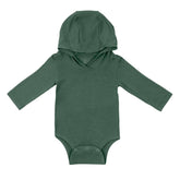 Blue baby onesie with a hood on a white background