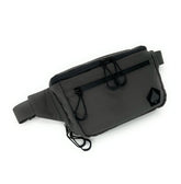 Black waist bag with a brand logo on a white background