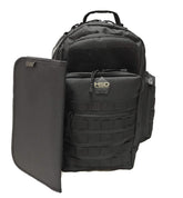 Black tactical backpack with open side panel on a white background