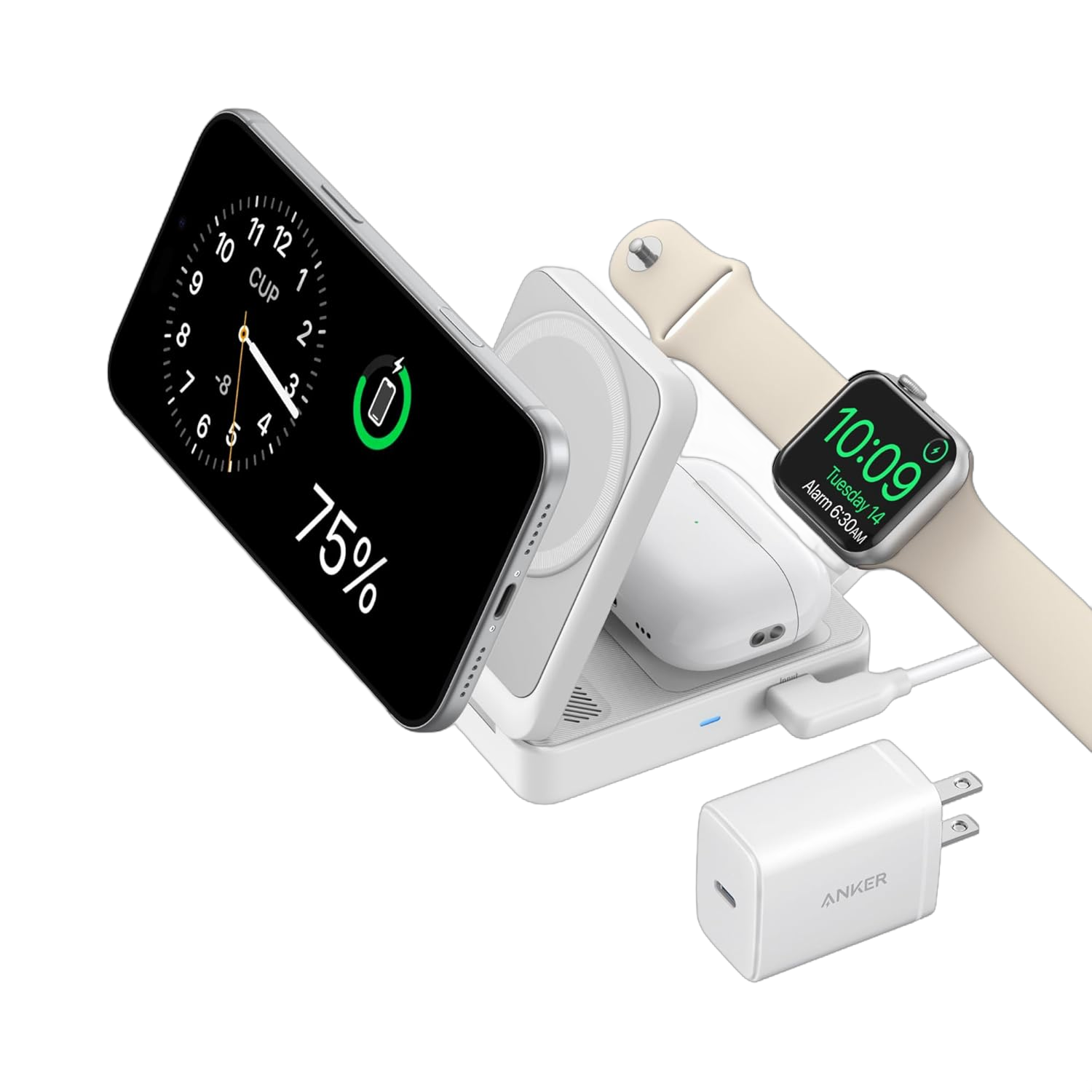 A white multi-device wireless charging stand shown with a smartphone, smartwatch, earbuds, and a wall charger on a clean white background. The charger has the brand name ANGEER visible on the plug.