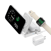 A white multi-device wireless charging stand shown with a smartphone, smartwatch, earbuds, and a wall charger on a clean white background. The charger has the brand name ANGEER visible on the plug.