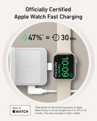 Apple Watch fast charging station with text indicating 47% charge in 30 minutes, on a light gray background.