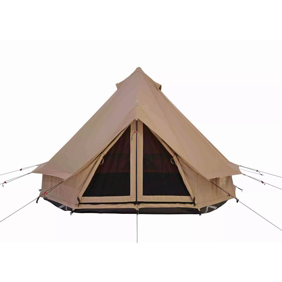 Beige bell tent with dark interior on a white background