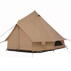 Beige tent with black trim on a white background