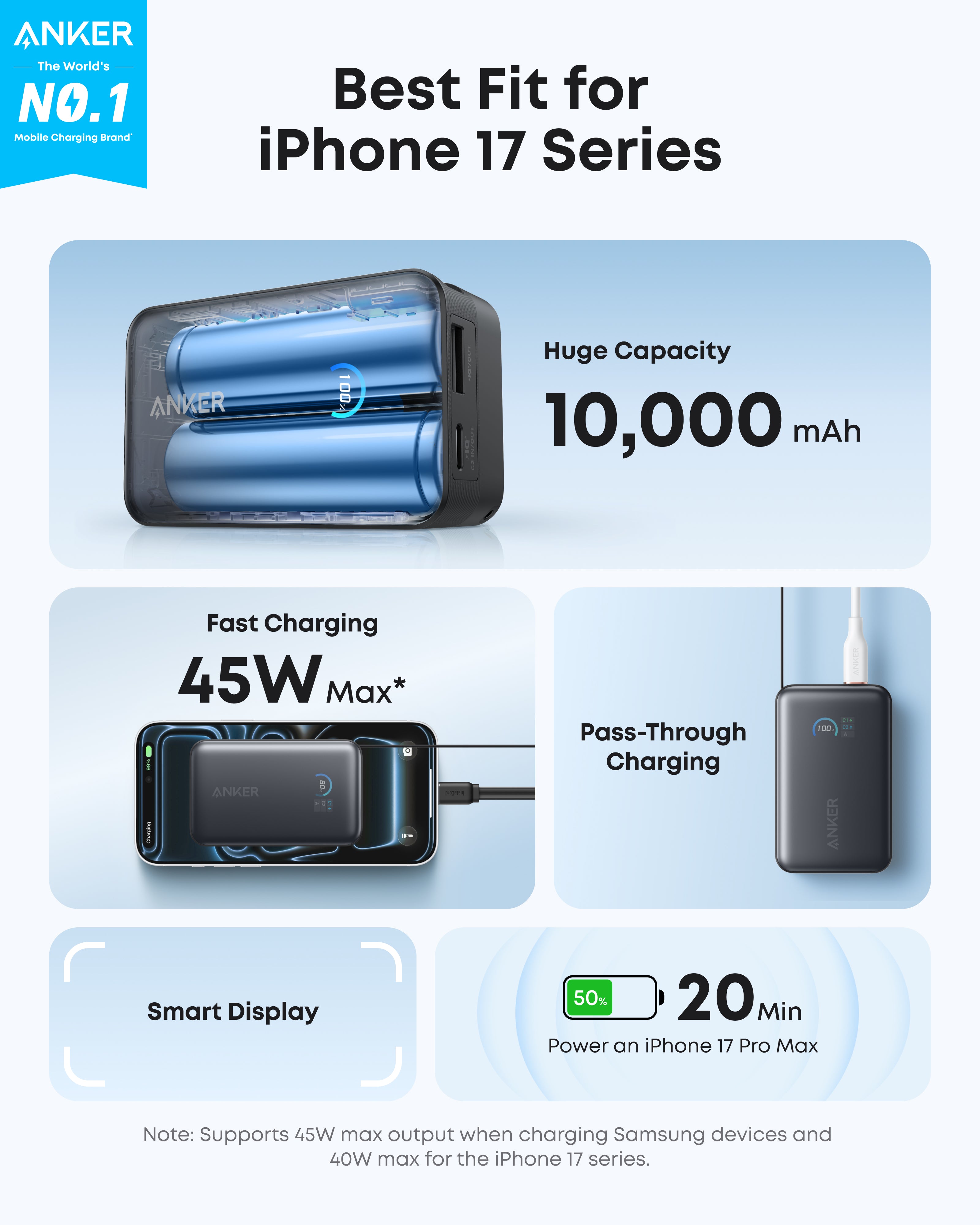 Anker power bank with features highlighted for iPhone 17 Series on a light blue background