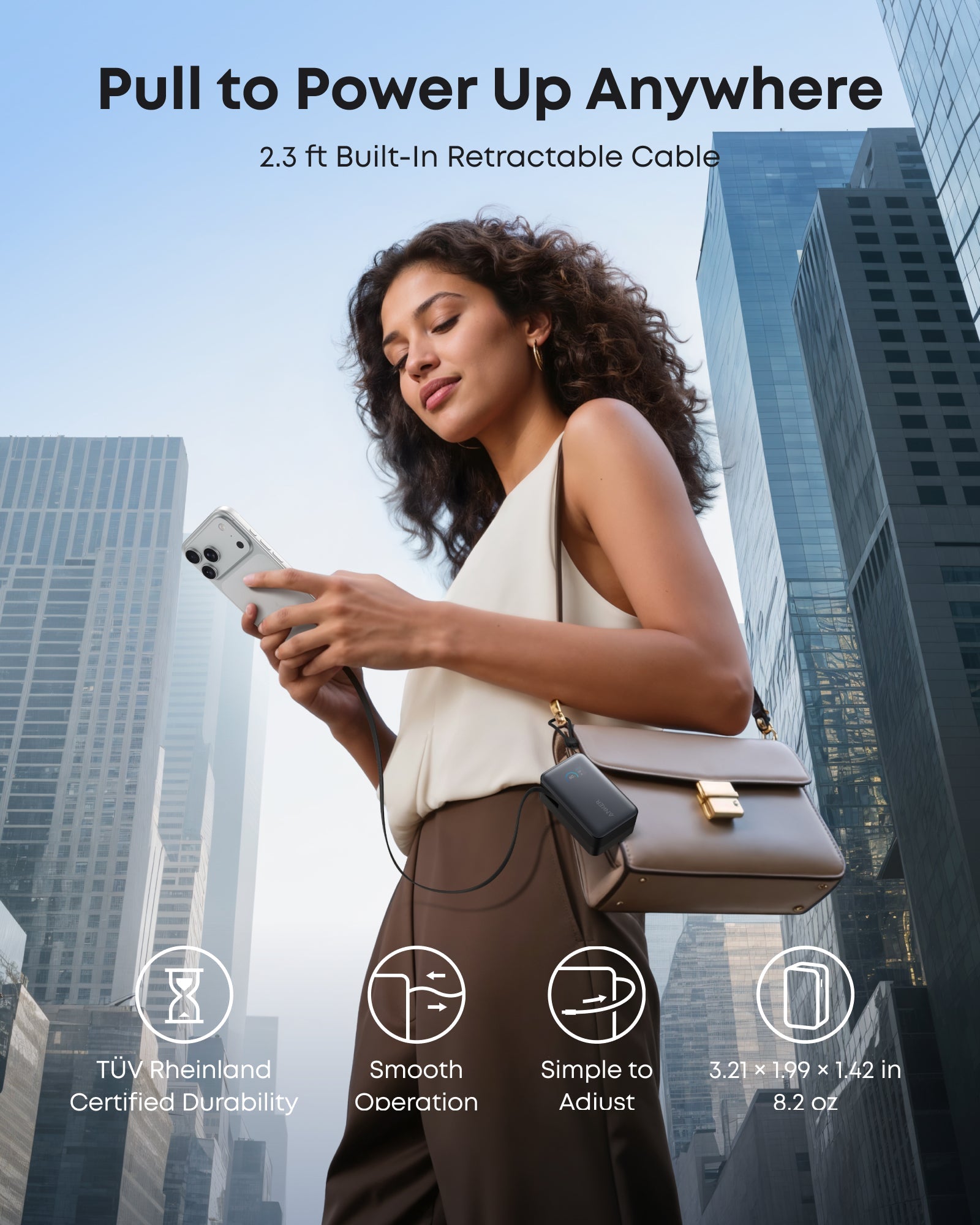 Woman using a phone with a retractable cable feature, set against a cityscape background.