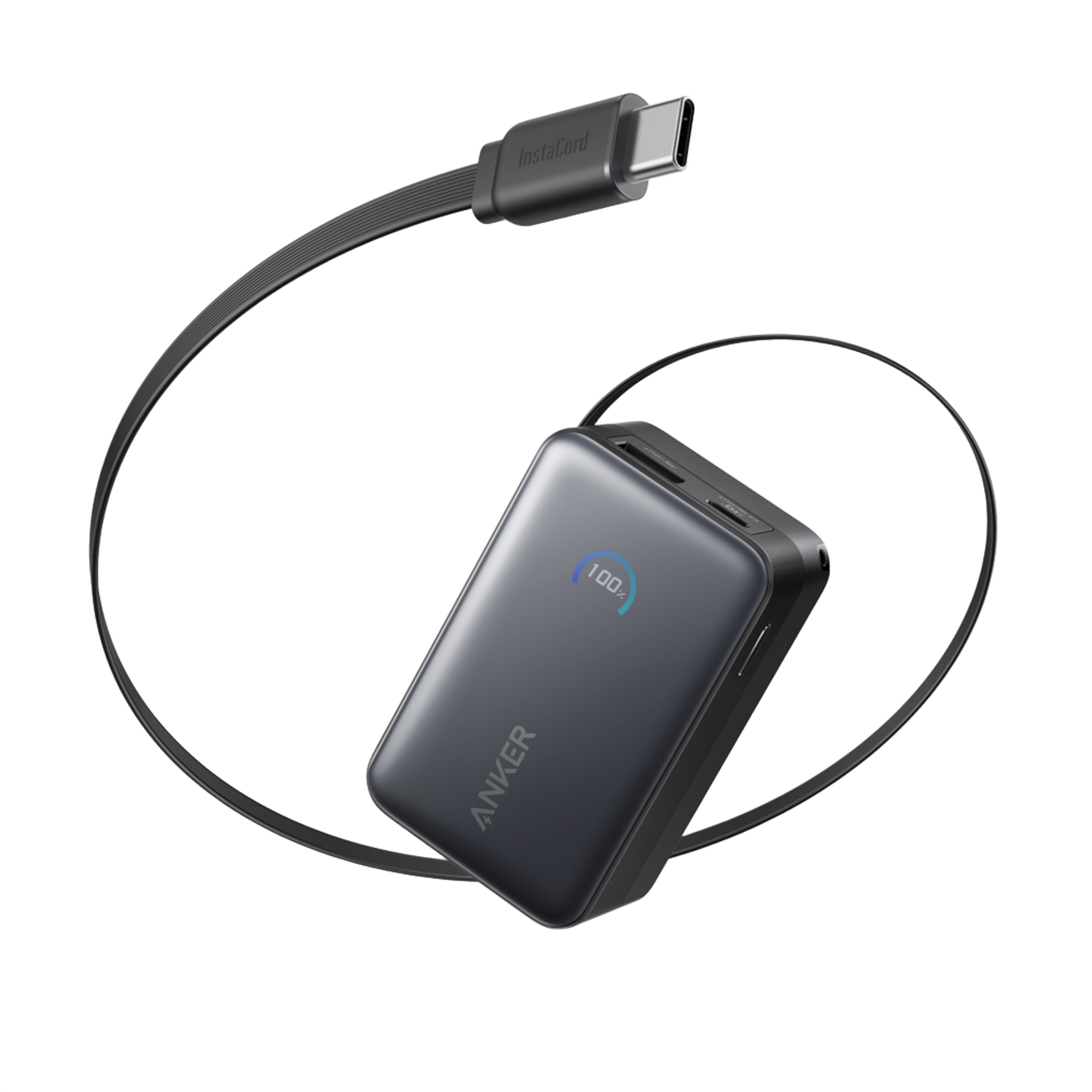 Black portable charger with USB-C cable on a transparent background