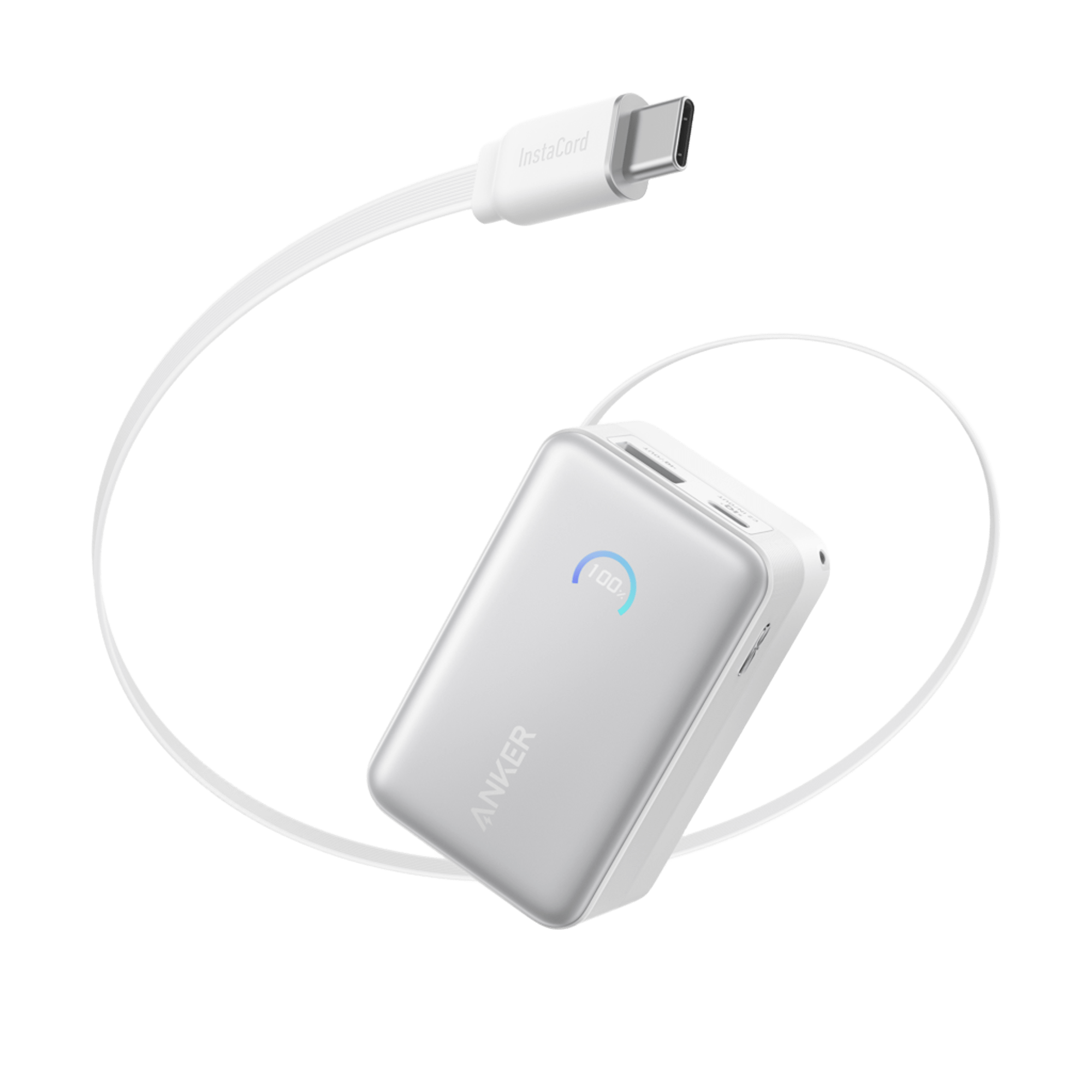 Anker USB-C to USB-C cable with a compact white power bank, shown on a clean white background.
