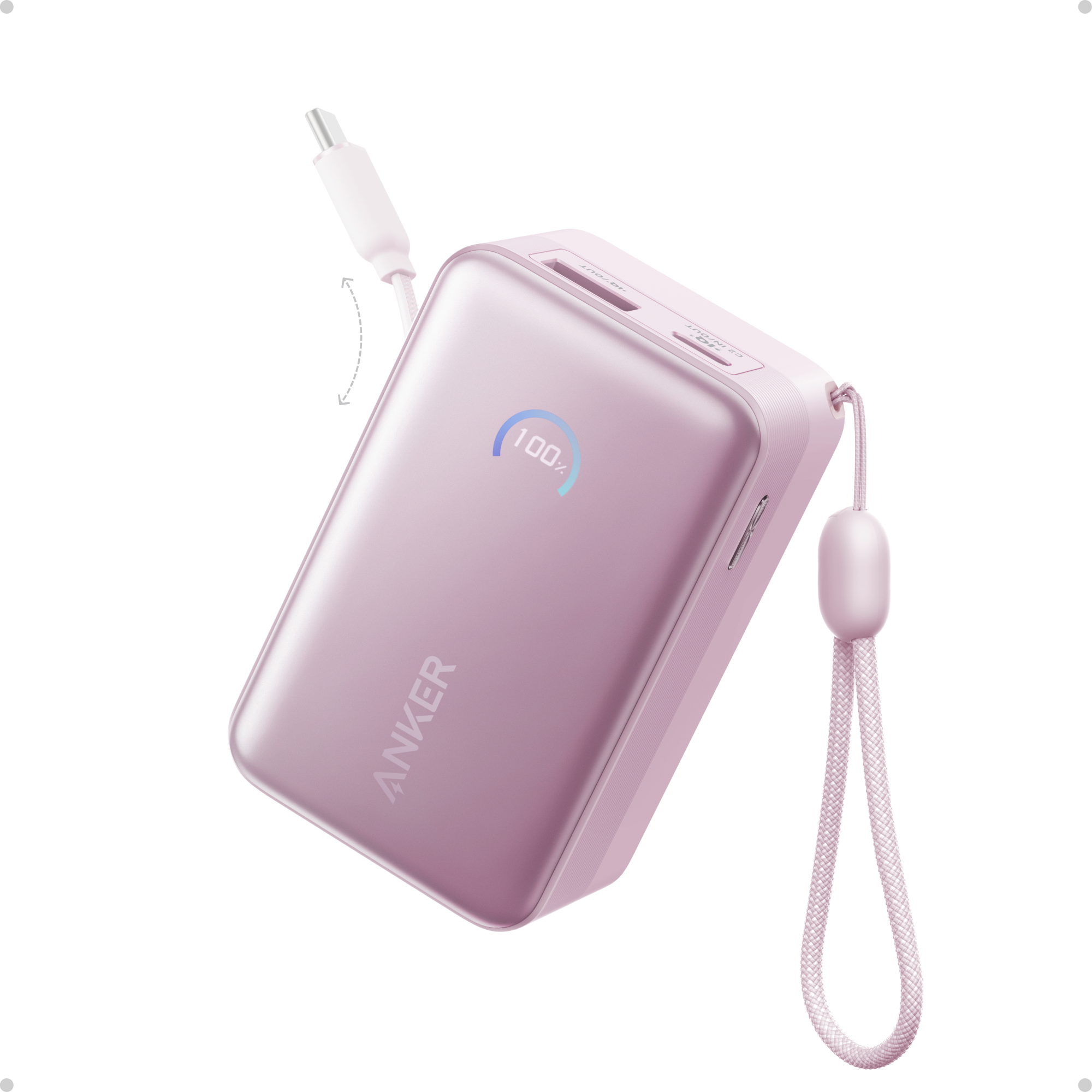 Pink Anker power bank with a lanyard on a white background