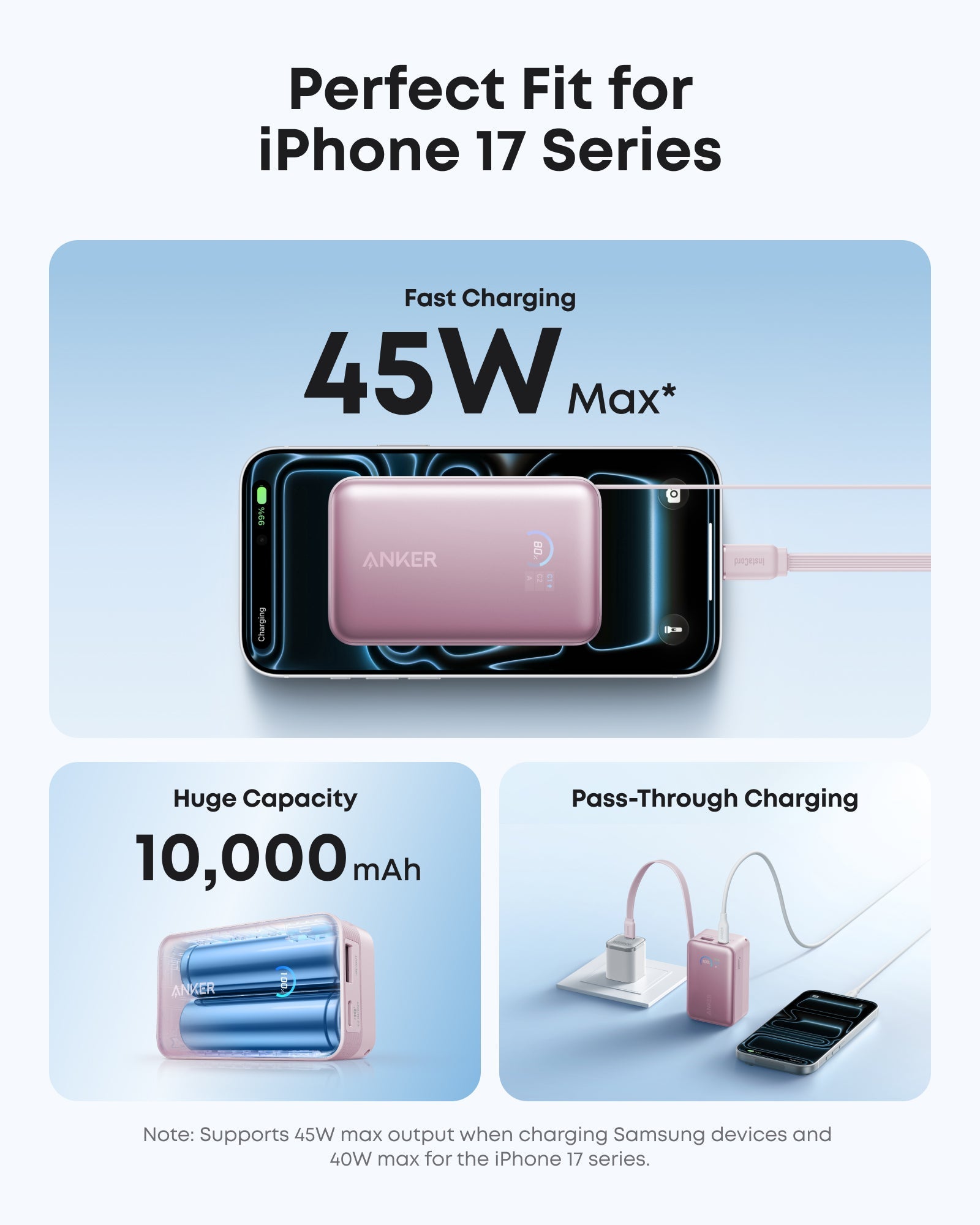 Anker power bank with charging capabilities for iPhone 17 Series on a light blue background