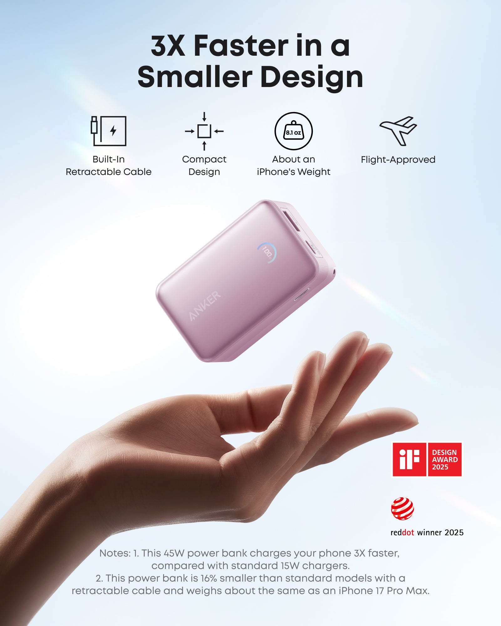 Pink power bank held in a hand with product features listed on a light blue background