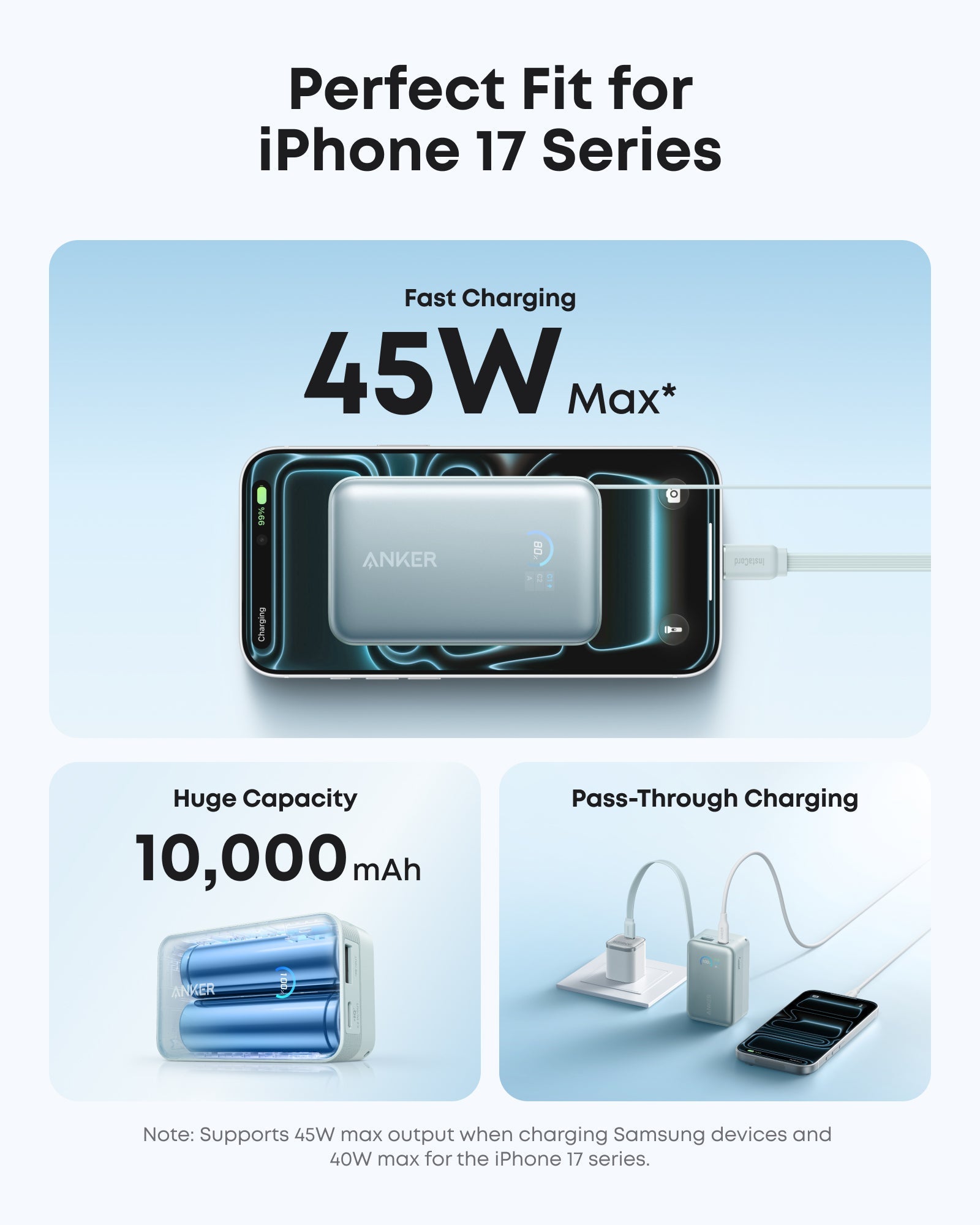 Anker charger with 45W max fast charging, 10,000mAh capacity, and pass-through charging feature on a light blue background.