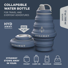 Collapsible water bottle by Hyd Away on a dark blue background