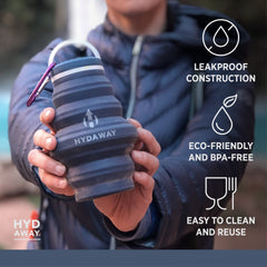 Person holding a Hydaway collapsible water bottle with features highlighted on the right.