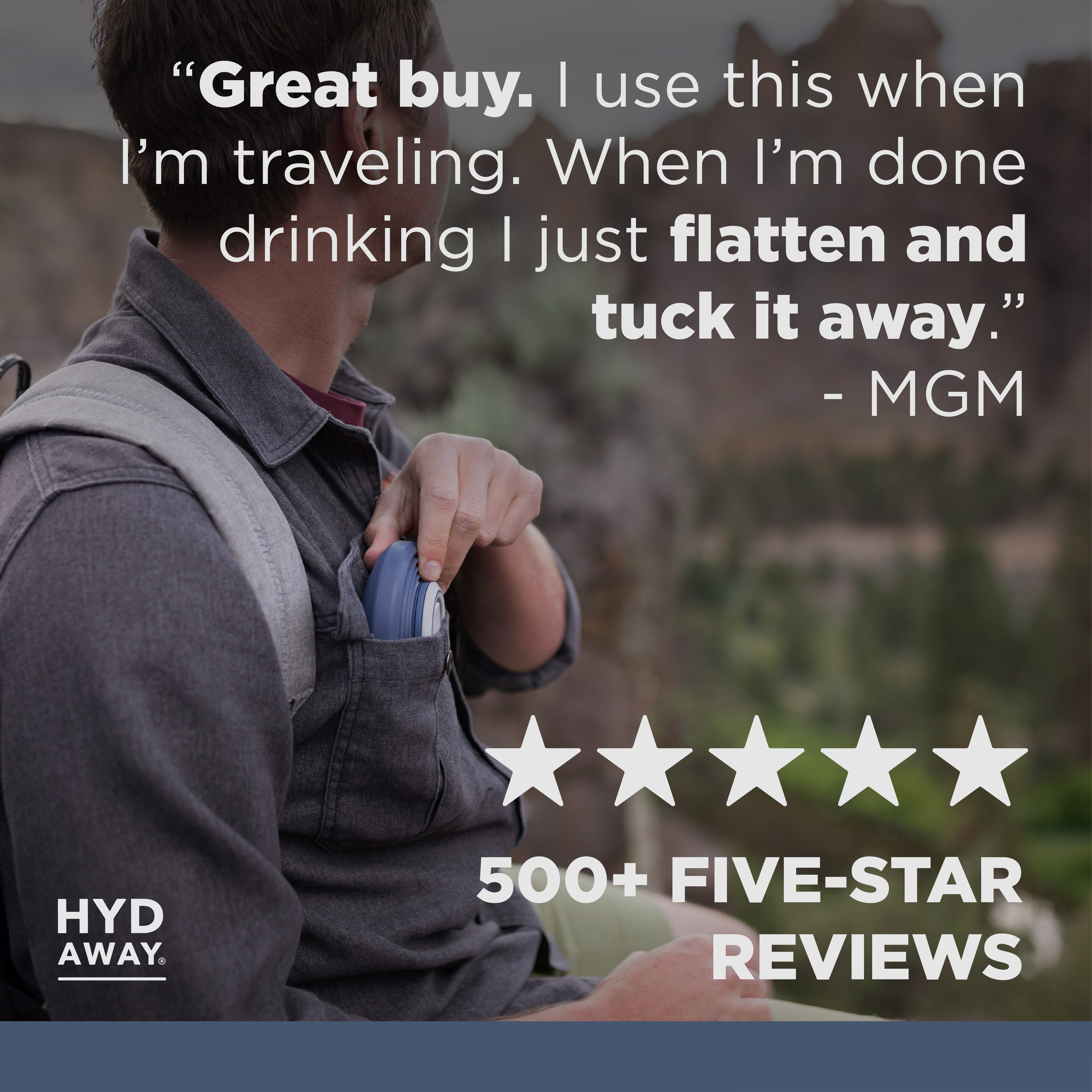 Person with backpack holding a water bottle with text and rating on a blurred natural background