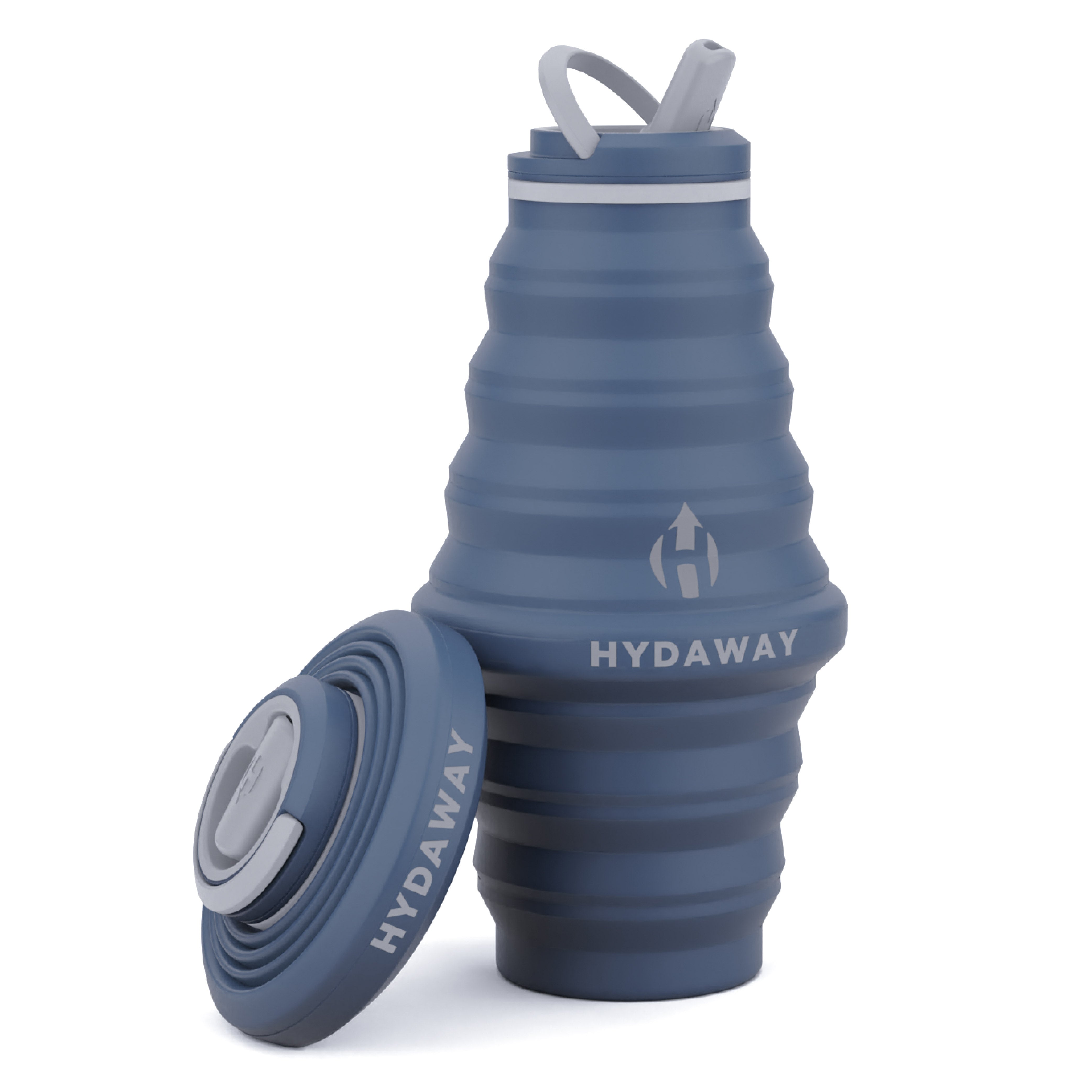 Collapsible blue water bottle with Hydaway branding on a white background