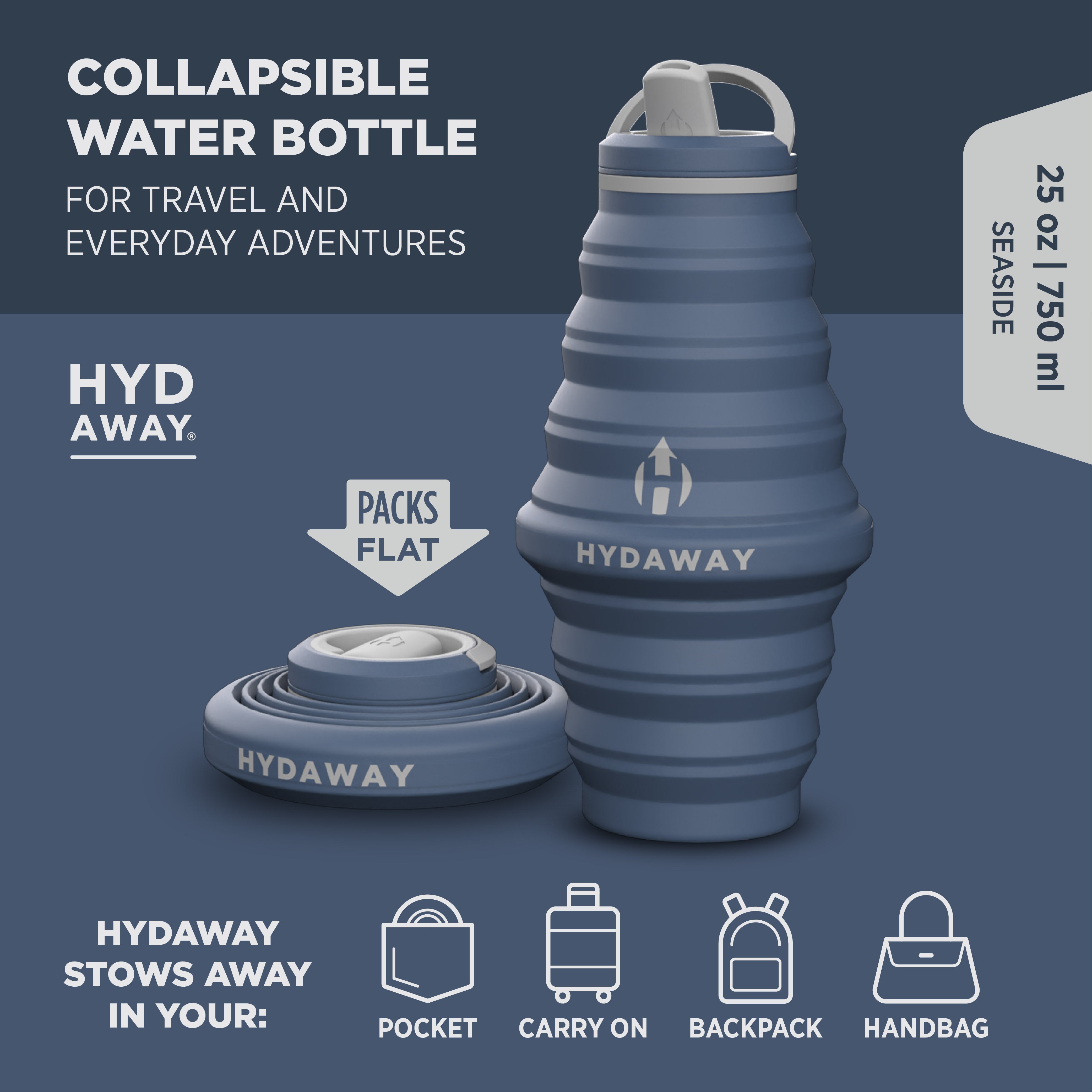 Collapsible water bottle by Hydaway with packaging details on a blue background
