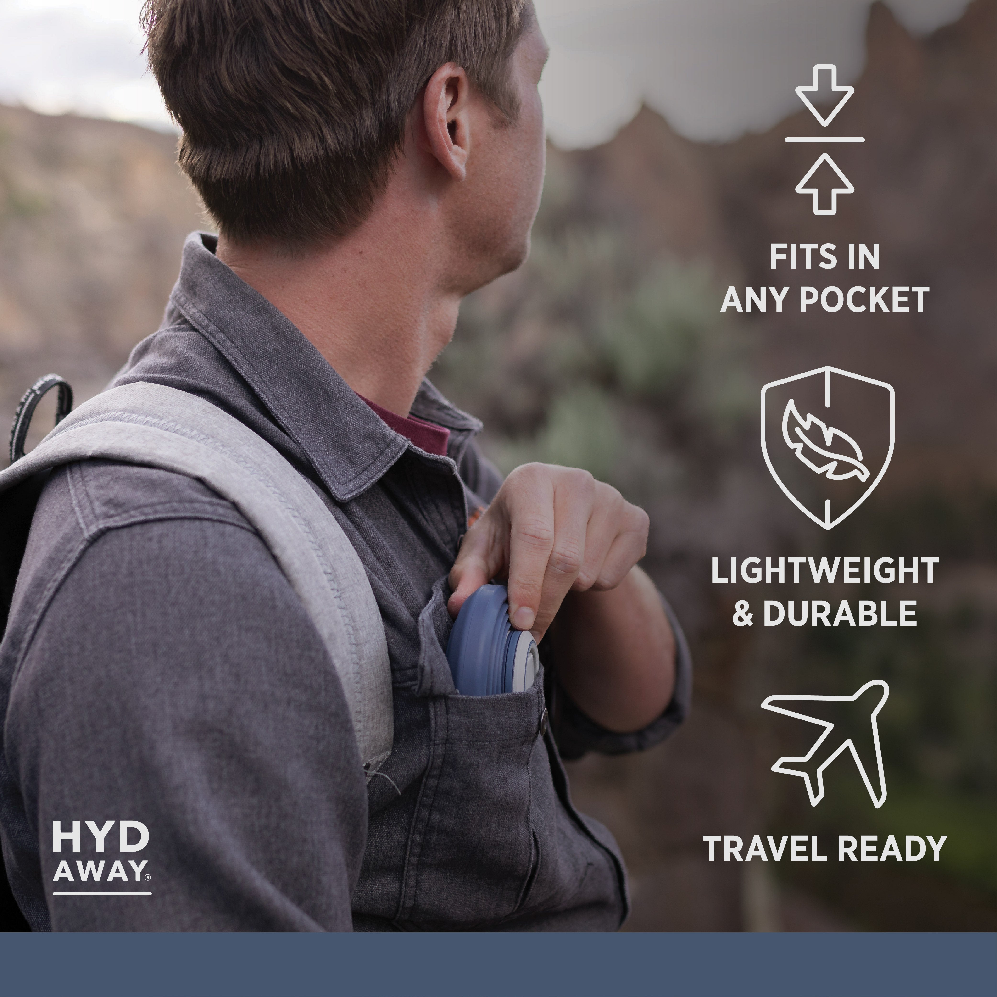 Person wearing a backpack with a product in the pocket, surrounded by text highlighting features like 'fits in any pocket', 'lightweight & durable', and 'travel ready'.