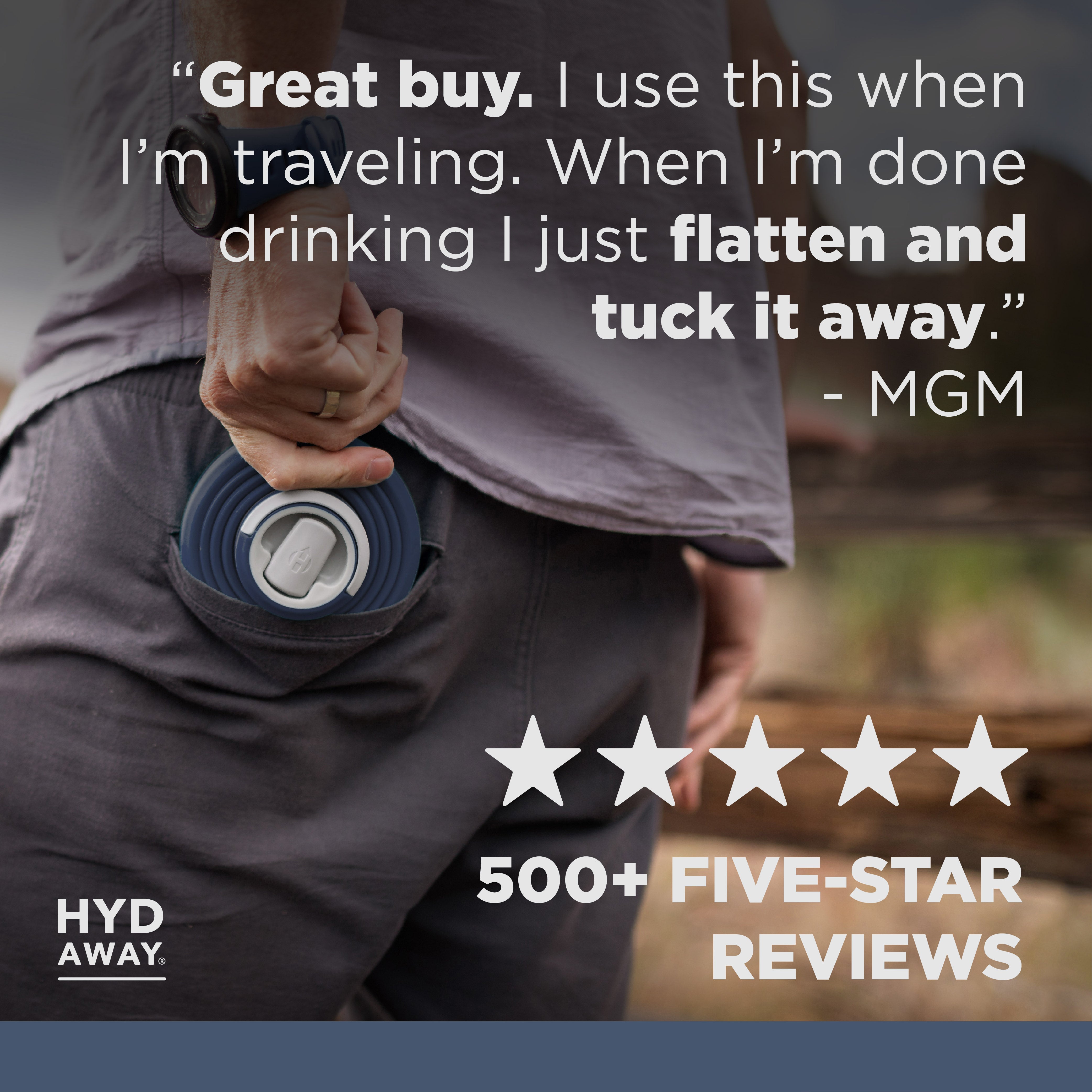 Person holding a blueHyd-Away product with a quote and star rating on a blurred background
