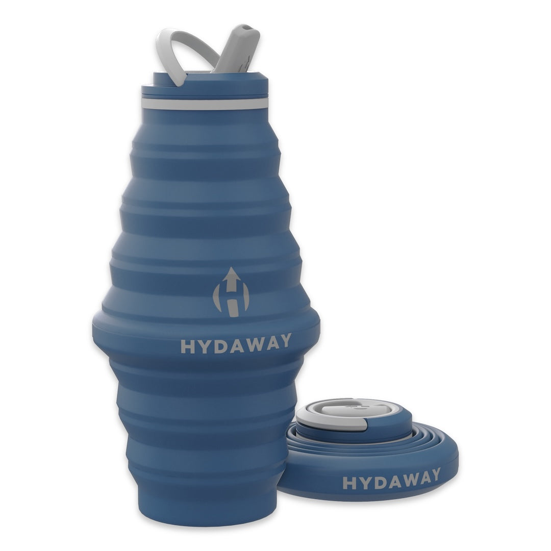 Collapsible blue water bottle with Hydaway branding on a white background