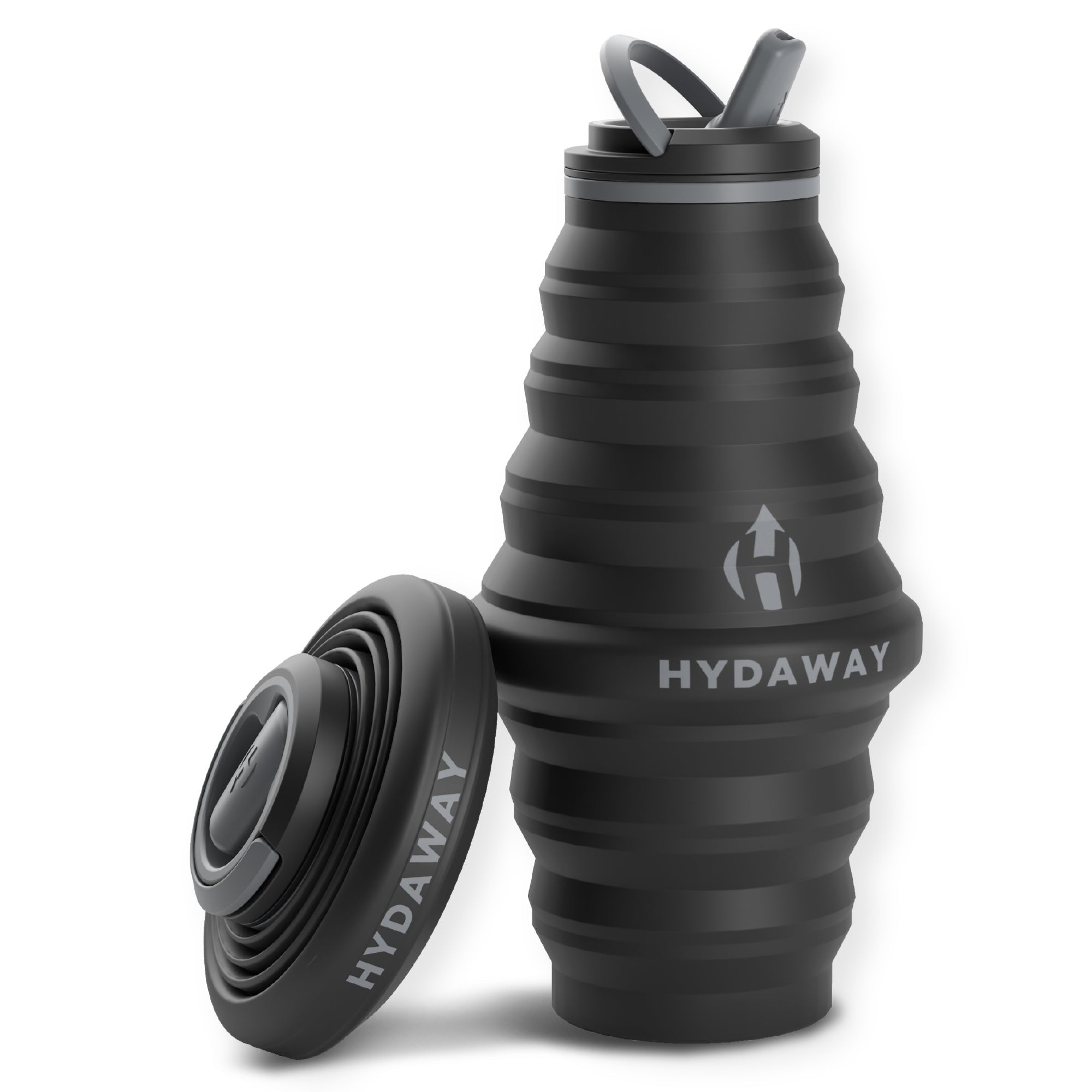 Black collapsible water bottle with HYDAWAY branding on a white background