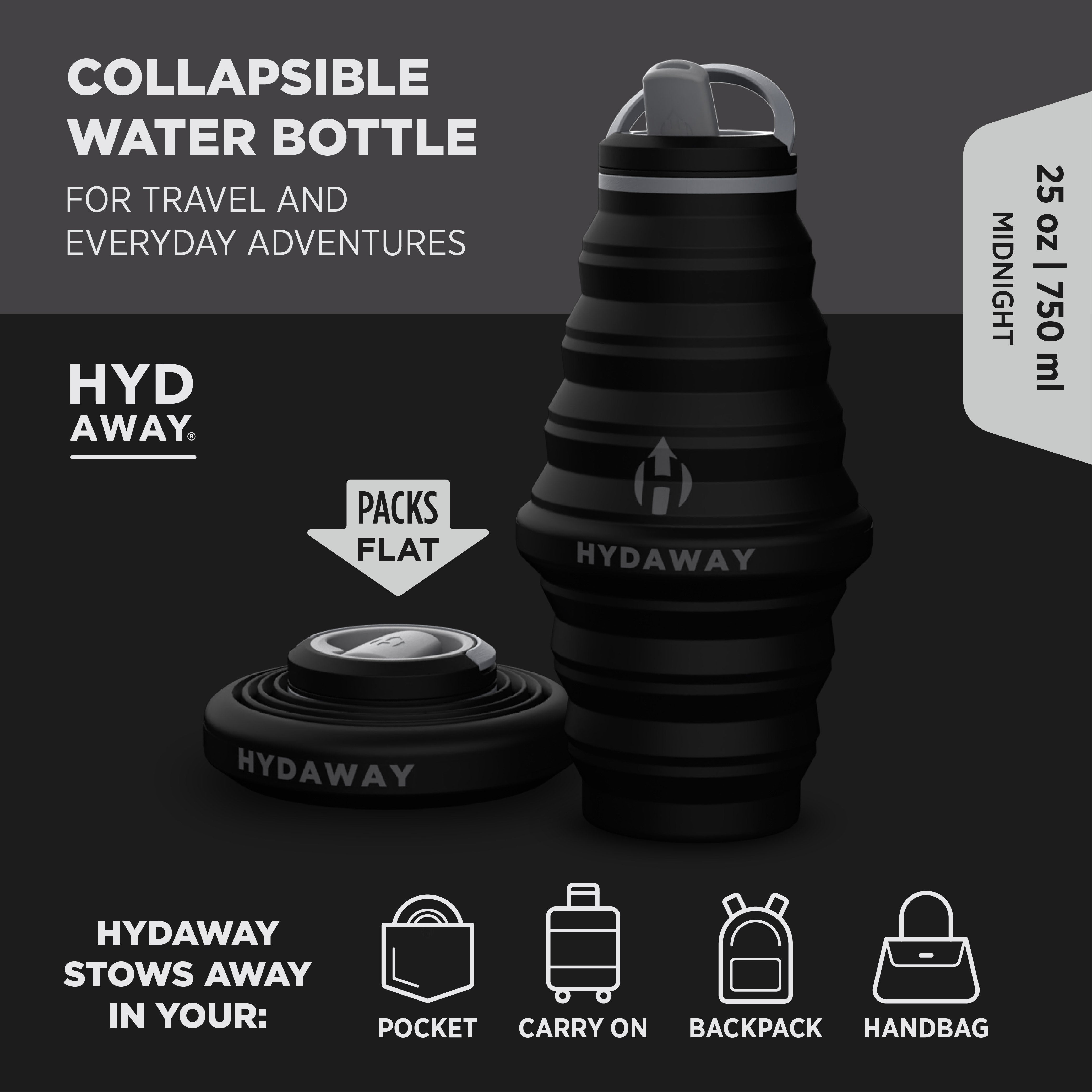 Collapsible water bottle by HYD AWAY with packaging details on a dark background
