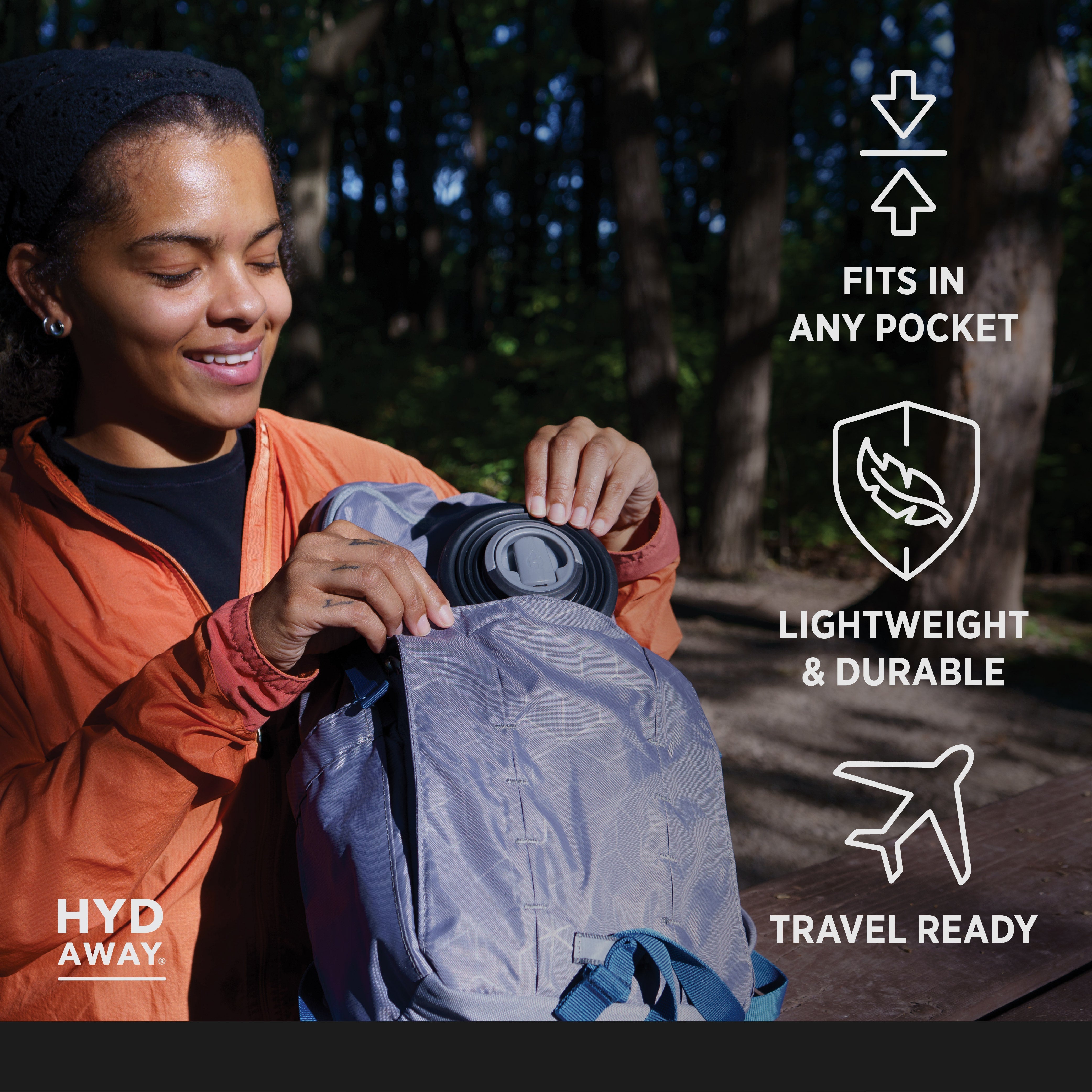 Person holding a travel bag with product features displayed on the right