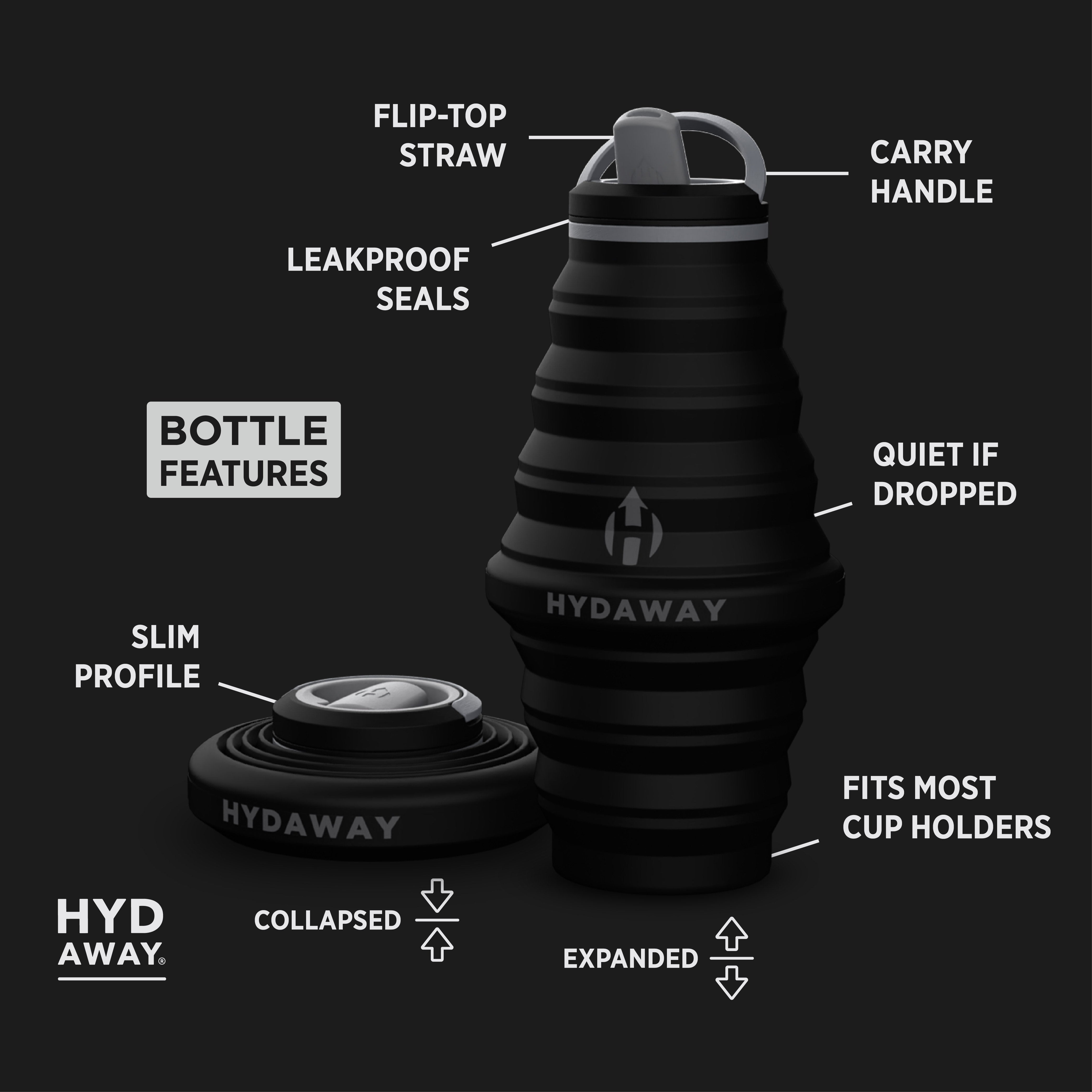 Black collapsible water bottle with labeled features on a black background