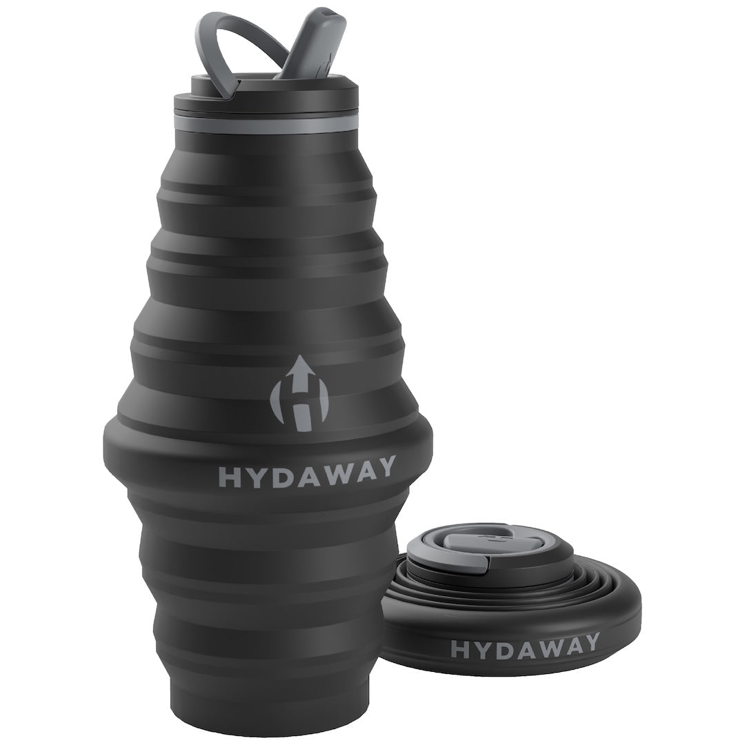Black collapsible water bottle with Hydaway branding on a white background