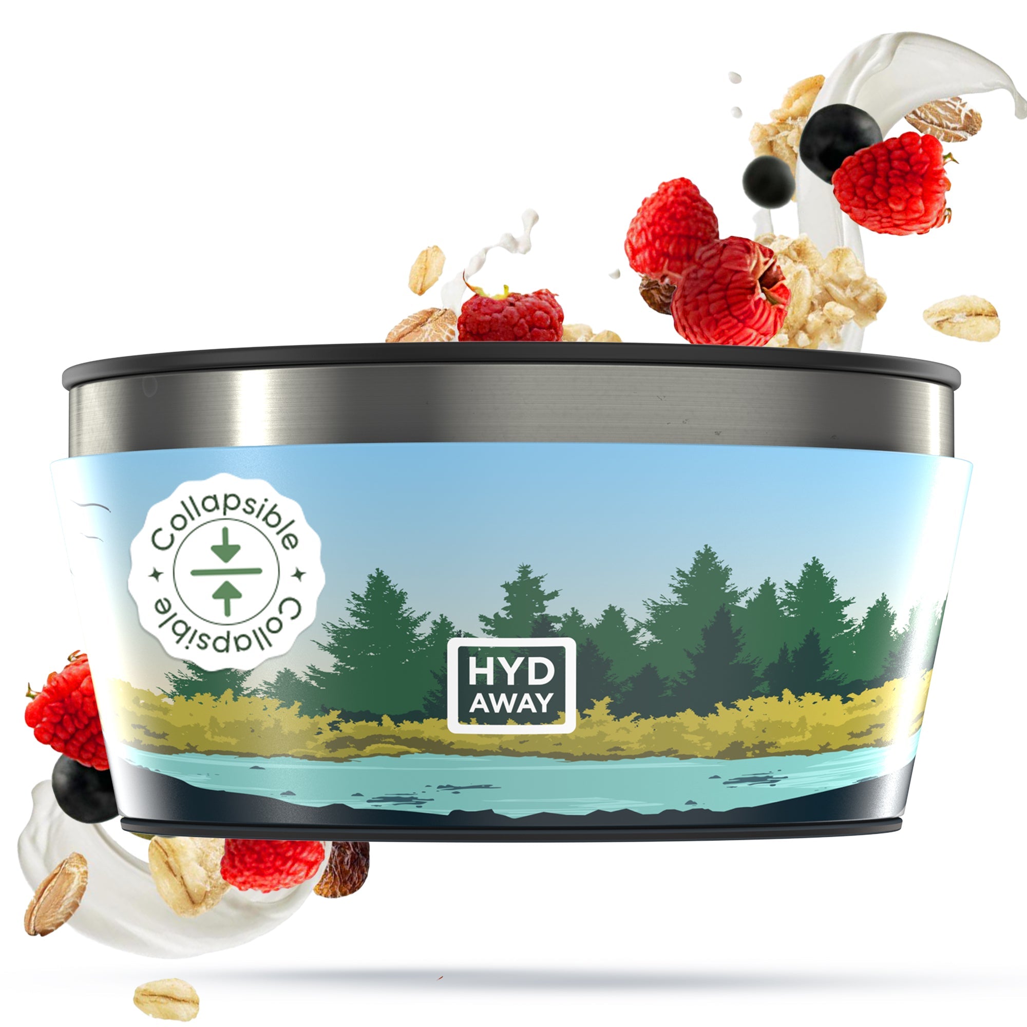 Collapsible container with nature-themed design and HYD AWAY branding, surrounded by berries and cereal.