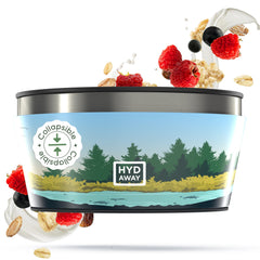 Collapsible container with nature-themed design and HYD AWAY branding, surrounded by berries and cereal.
