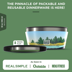 Packable and reusable dinnerware with scenic design on a green background