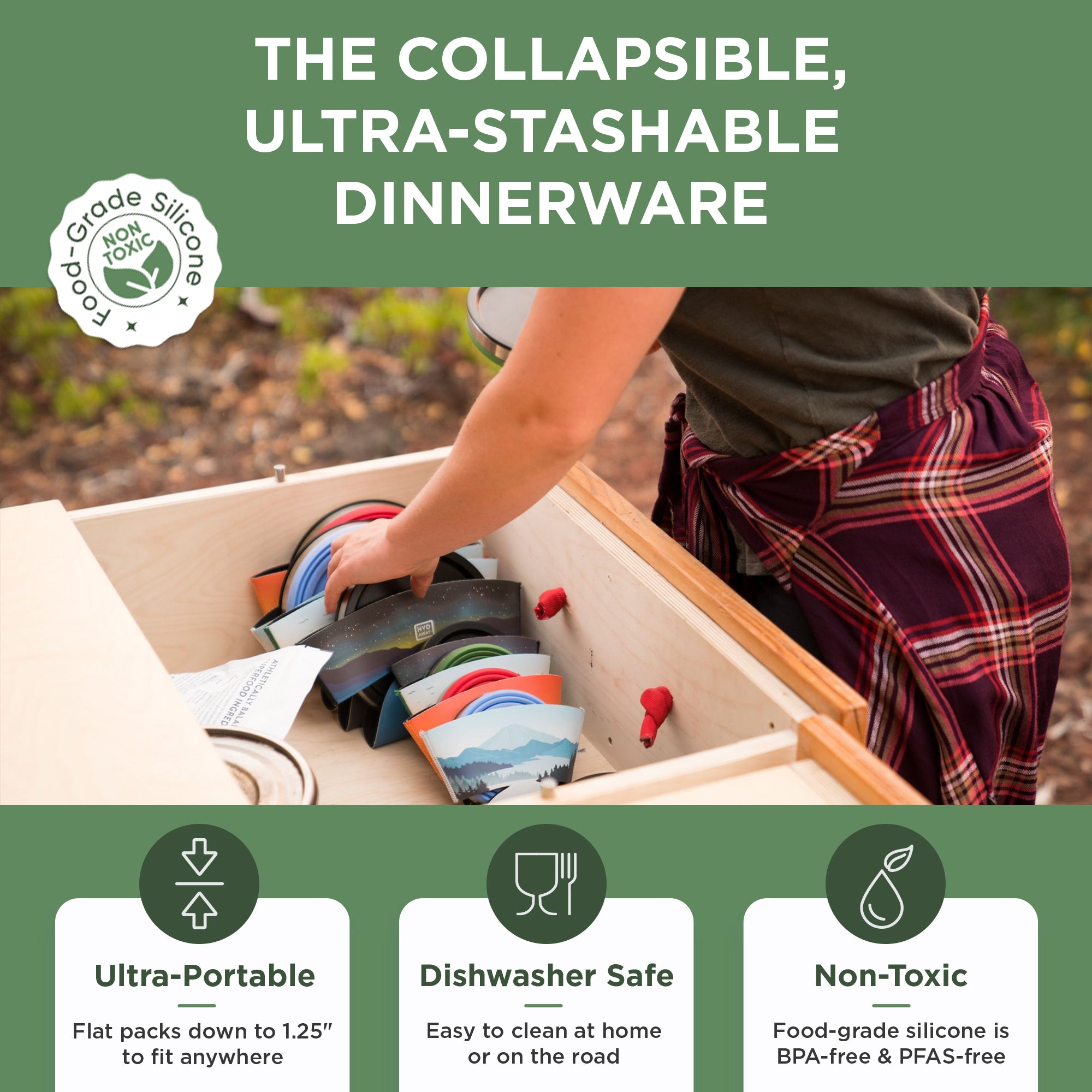 Person organizing collapsible dinnerware in a box with product features highlighted.