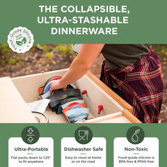 Person organizing collapsible dinnerware in a box with product features highlighted.