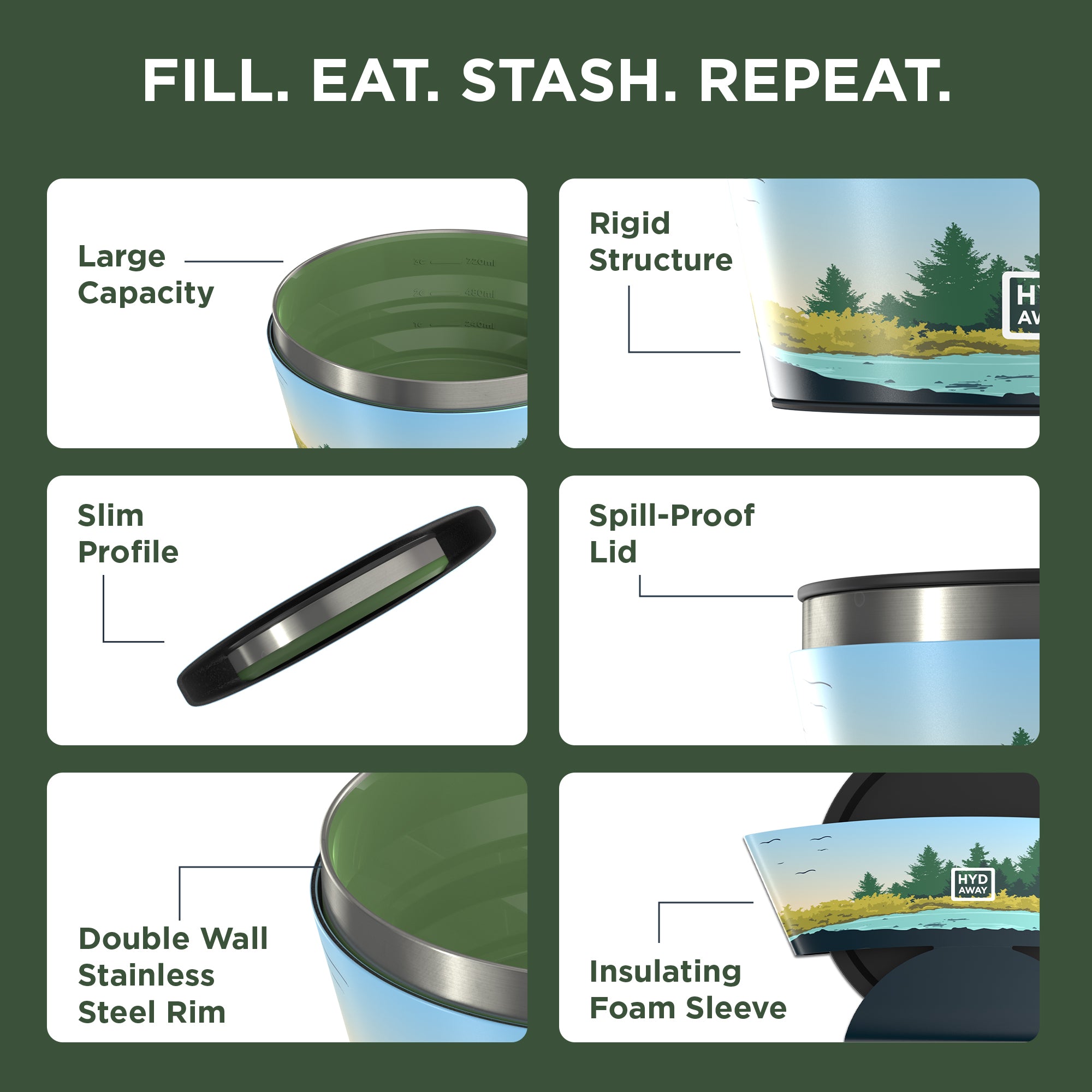 Product features of a green and blue container with text 'Fill. Eat. Stash. Repeat.' on a green background.
