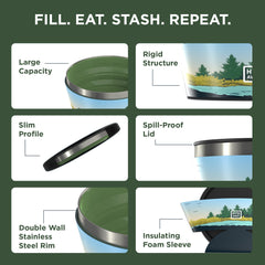 Product features of a green and blue container with text 'Fill. Eat. Stash. Repeat.' on a green background.
