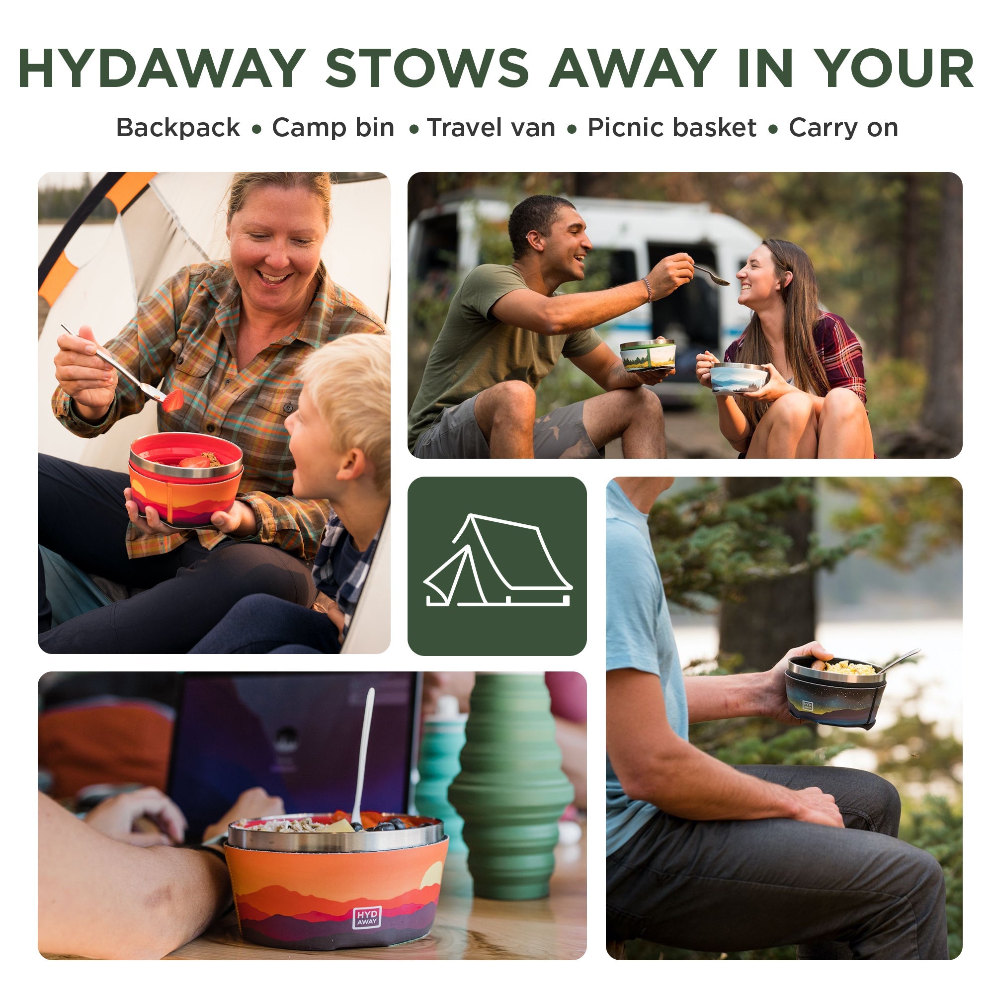 Collage of people using a camping product with text indicating its portability.