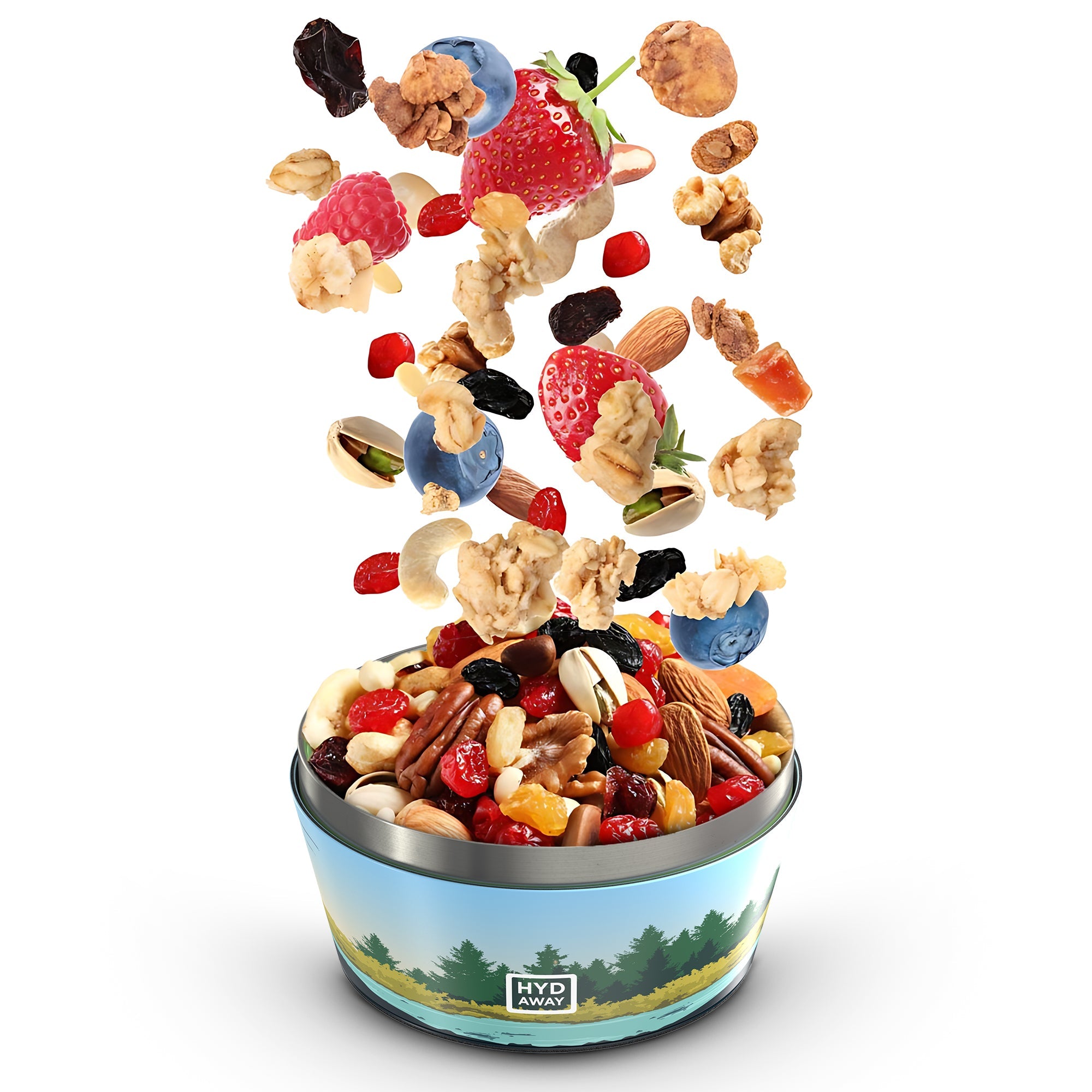 Trail mix falling into a bowl with a scenic design on a white background