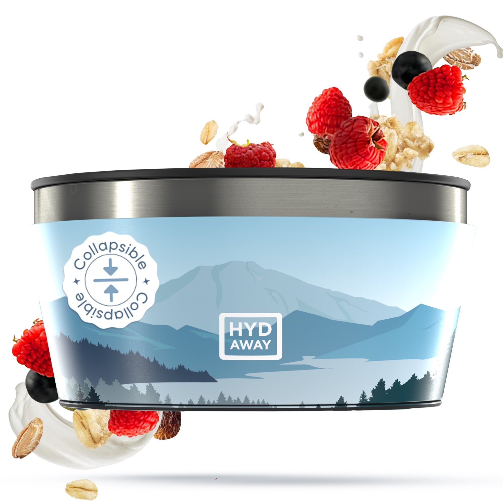 Collapsible container with mountain design and HYD AWAY branding, surrounded by cereal and berries.