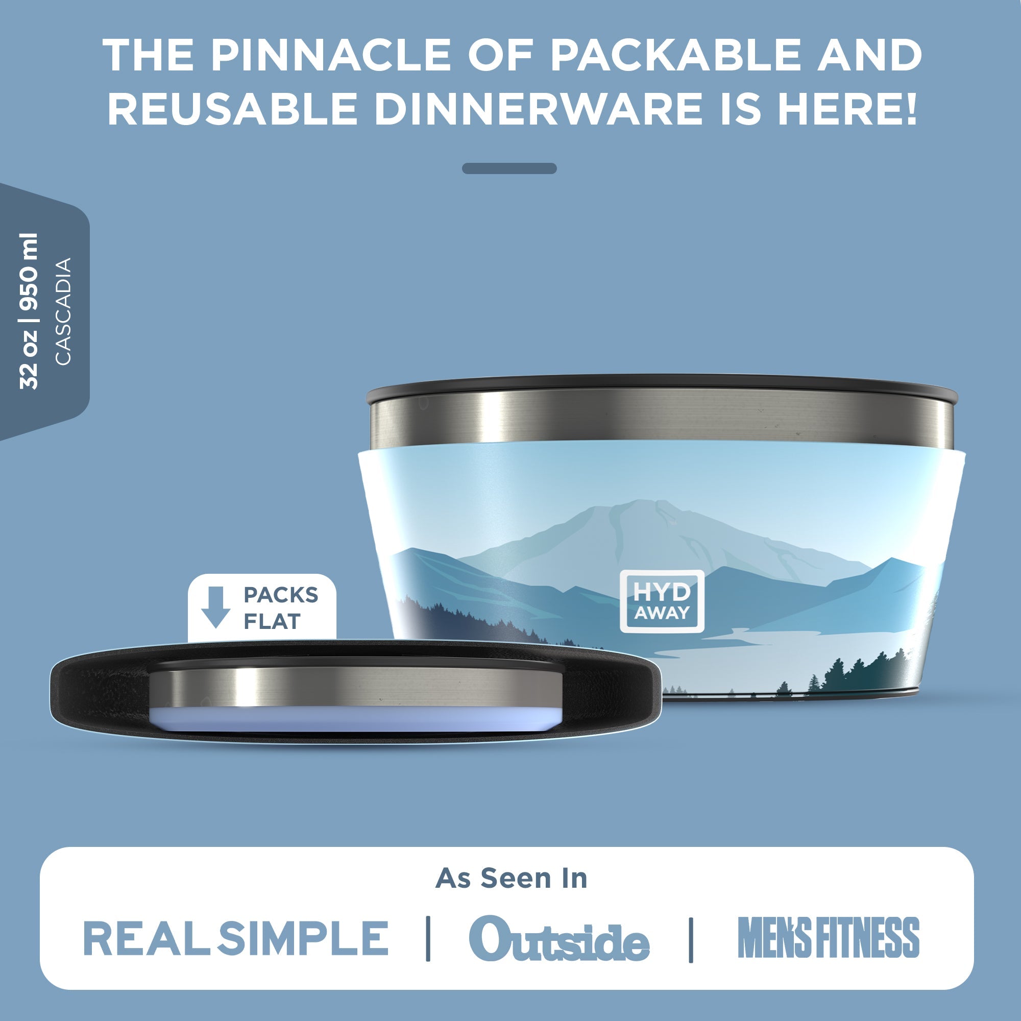 Packable and reusable dinnerware with mountain design on a blue background